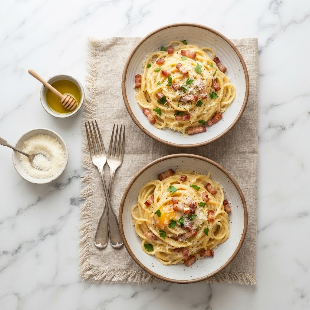 Two bowls of carbonara spaghetti