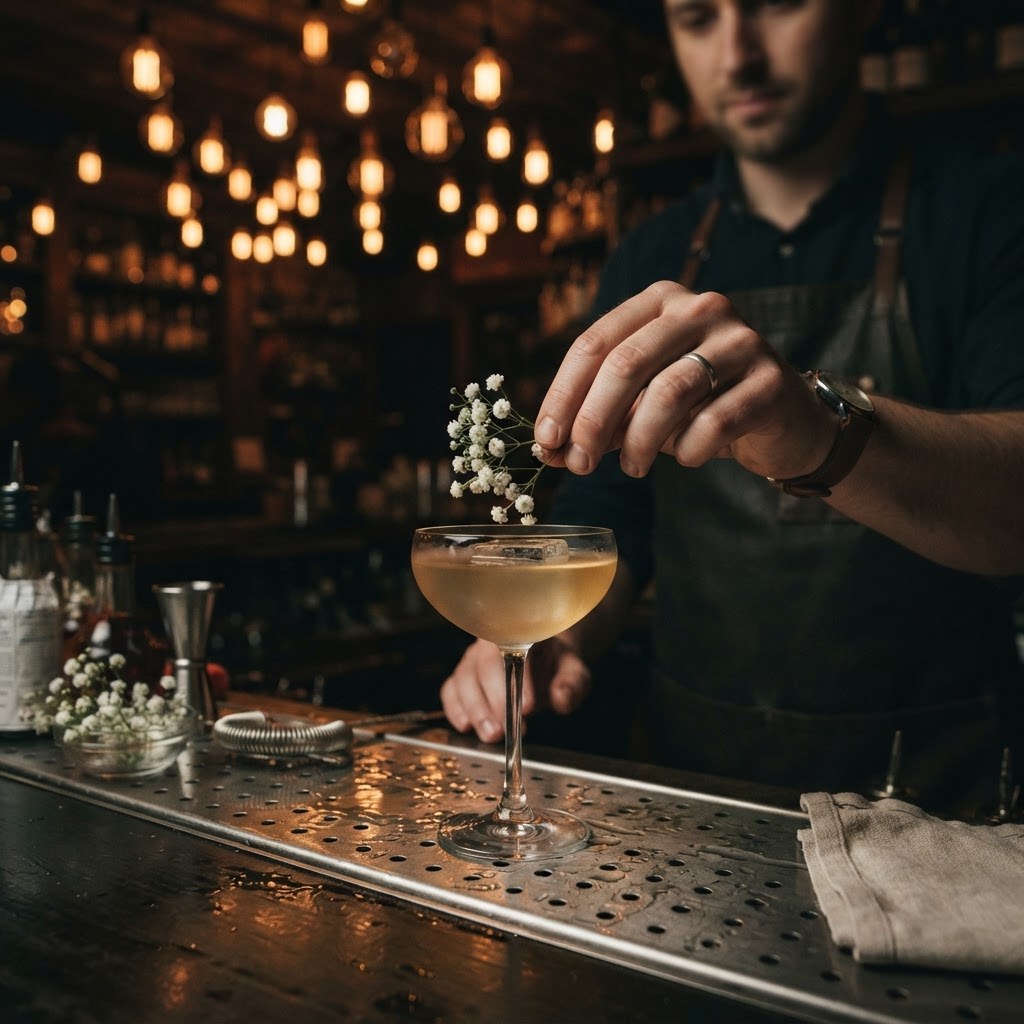 A bartender garnishing a coupe cocktail under warm Edison bulbs