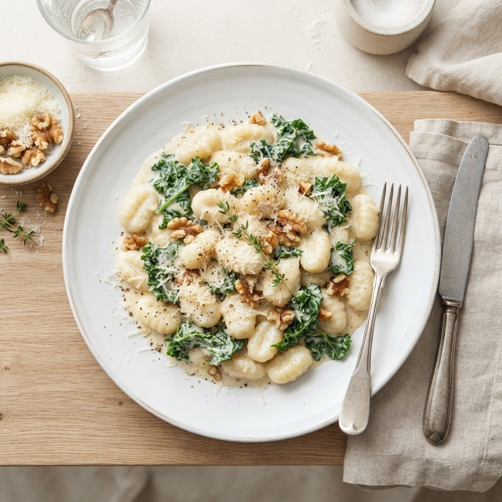 Gnocchi in creamy sauce with walnuts and kale