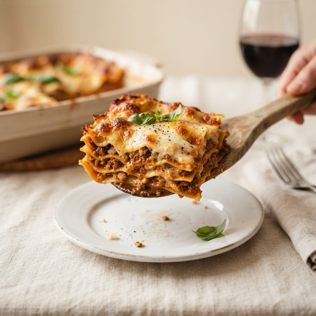 A slice of layered meat lasagna