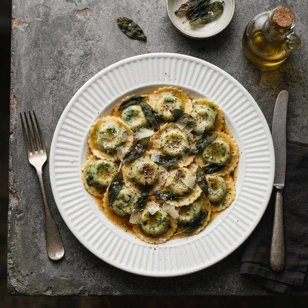 Spinach ravioli in butter sage sauce